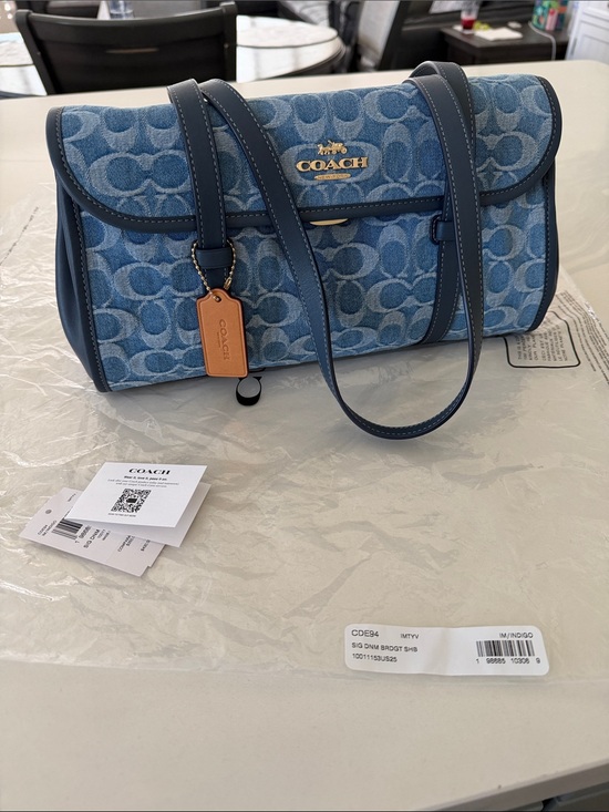 Coach Handbags - Coach Blue Denim Signature Canvas Shoulder Bag with Leather Trim